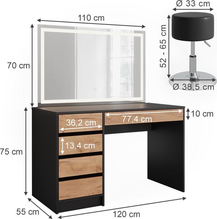 Produktbild Vicco Schminktisch Sherry, Anthrazit/Goldkraft Eiche, 120 x 75 cm mit LED-Spiegel und Hocker (120 x 75 x 55 cm)