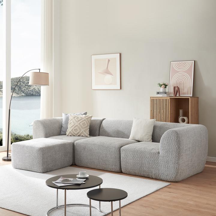 Produktbild En.Casa Modular Sofa 3-Sitzer Hurvas mit Longchair Bouclé Grau