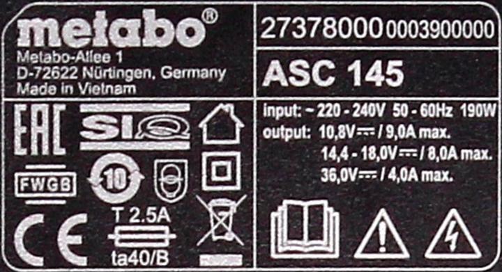 Produktbild Metabo Schnellladegerät ASC 145 (36 V)