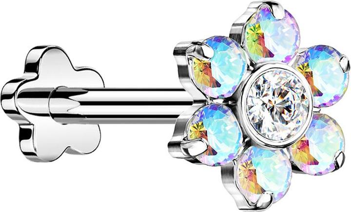 Produktbild Star Piercing Micro Threadless Labret Blume silber Blume Kristalle mulitcolor (ohne Messing, Titan G23)