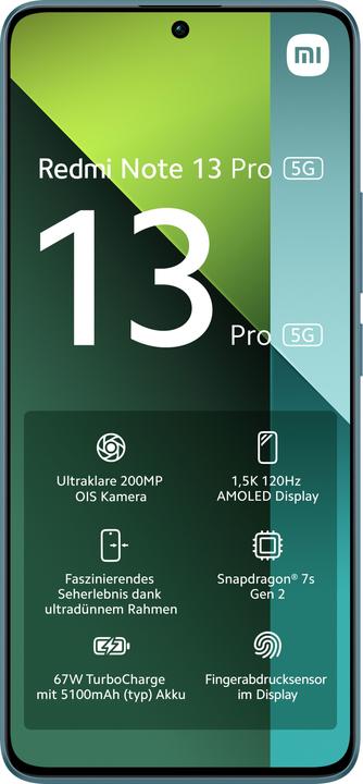 Actual product image Xiaomi Redmi Note 13 Pro 5G (256 GB, Ocean Teal, 6.67", Dual SIM, 200 Mpx, 5G)