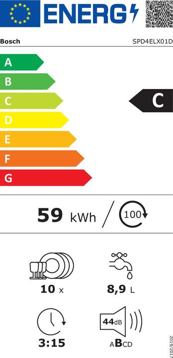 Etichetta energetica Bosch Hausgeräte Bosch Serie 4, Lavastoviglie completamente integrata, 45 cm, SPD4ELX01D