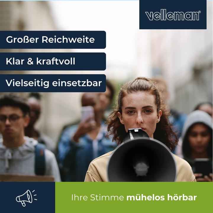 Produktbild Velleman Leistungsstarkes Megaphon mit 50 W, eingebauter Sirene, Aufnahmefunktion, Lautst?rkeregelung, Blueto (Megaphon)