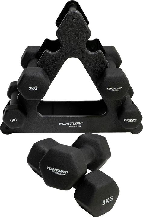 Actual product image Tunturi Neopren Kurzhantelset mit Ständer (2 x 1 kg, 2 x 2 kg, 2 x 3 kg)