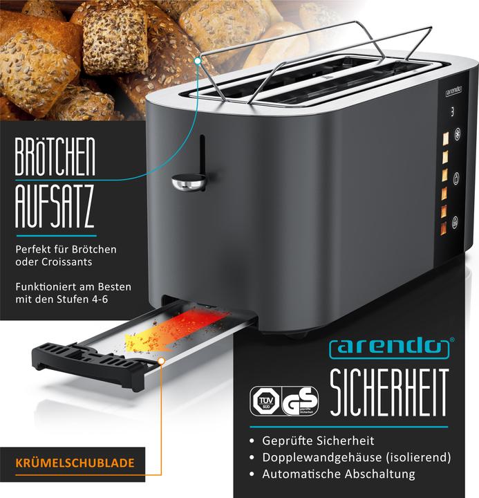 Actual product image Arendo Toaster Edelstahl 4 Scheiben Langschlitz, Touch Display, Bräunungsgrad & Restzeitanzeige, 1500 W (EU plug)