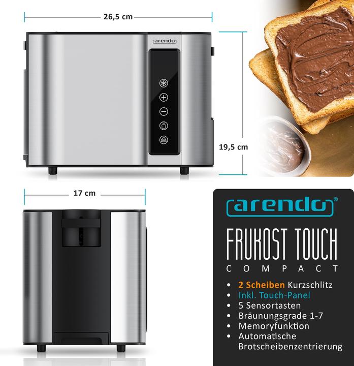 Produktbild Arendo Toaster Edelstahl 2 Scheiben Kurzschlitz, Brötchenaufsatz, Touchpanel, Display mit Restzeitanzeige