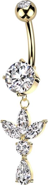 Produktbild Star Piercing Banane vergoldet mit zwei Kugeln Kristall silber Anhänger drei Ovale ein runder und ein Tropfen Kris (Messing, Chirurgenstahl 316L)