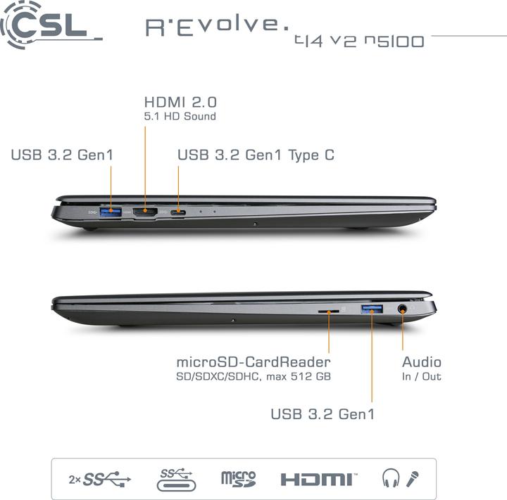 Image du produit CSL Ordinateur portable R" Evolve T14 V2 35.6cm (14 pouces) Full HD Intel® Celeron® N5100 16GB RAM 1TB (14", Intel Celeron N5100, 16 Go, 1000 Go, DE)
