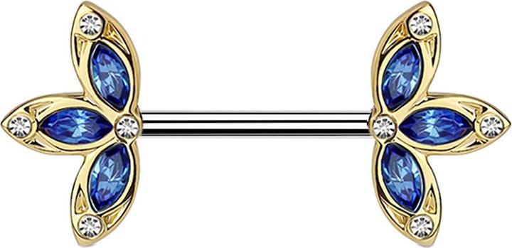Produktbild Star Piercing Barbell vergoldet mit drei Blütenblatt blau (Chirurgenstahl 316L, Messing)