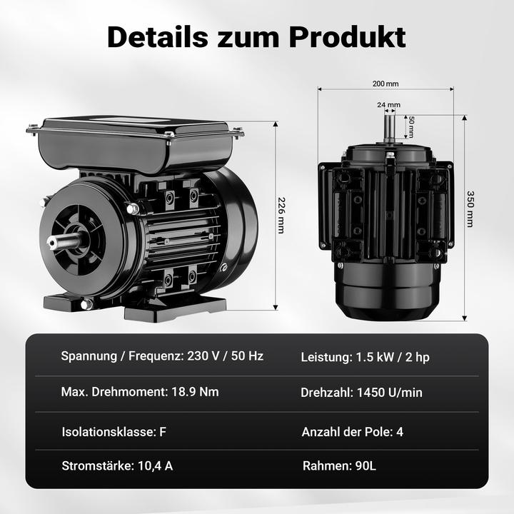 Produktbild Wiltec Elektromotor 1-phasig 4-polig Elektro Motor 1,5kW Einphasenmotor Motor