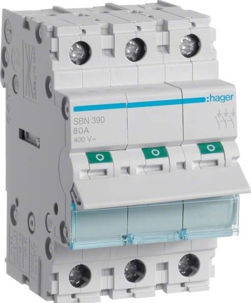 Hager SBN390. Courant nominal : 100 A, tension de la bobine (max) : 440 V. Quantité de modules (max) : 3