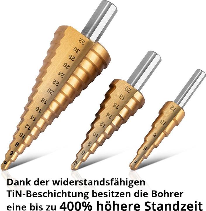Immagine prodotto Stahlwerk Set di 3 punte per trapano a gradini in HSS con rivestimento TiN e scatola in alluminio (4-12 mm, 4-20 mm, Ø 4-32 mm)