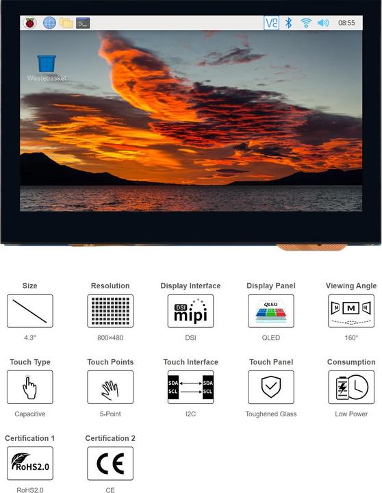 Produktbild WaveShare 4.3inch QLED Capacitive Touch Display für Raspberry Pi DSI Interface 800×480