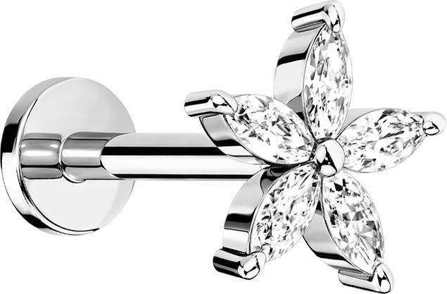 Star Piercing Micro Labret Innengewinde silber Blume mit Kristall (Messing, Chirurgenstahl 316L)