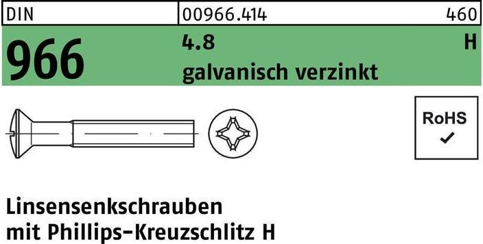 Produktbild Linsensenkschraube DIN 966 m.Kreuzschlitz PH M 3 x 25 -H 4.8 galvanisch verzinkt (2000 Schrauben pro Stück)