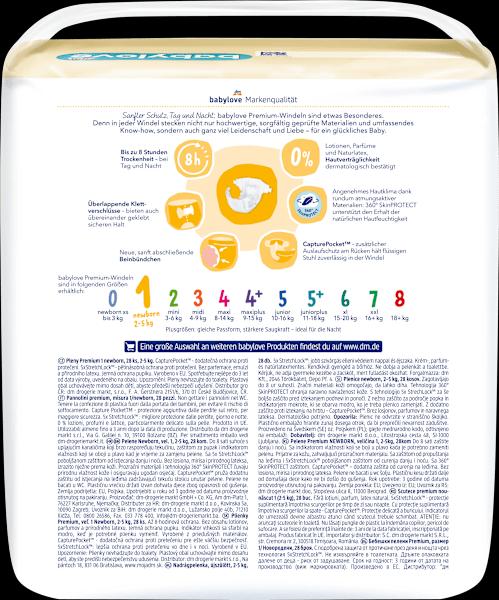 Valori nutrizionali e ingredienti dm babylove Pannolini premium (Dimensione 1, Pacco trasportabile, 28 Pezzo/i)