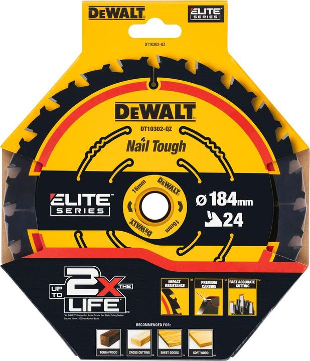 Produktbild DeWalt Kreissägeblatt (für Handkreissägen ohne Spaltkeil, Sägeblattø 184/16, 24WZ, für universellen