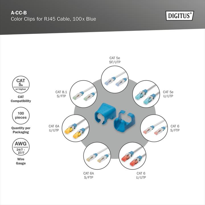 Image du produit Digitus Clips de couleur pour câble RJ45 couleur bleue, paquet de 100 pièces