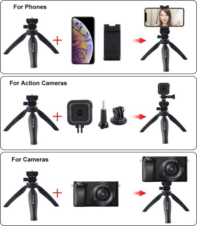 Actual product image Puluz Desk Plastic Tripod Mount with Phone Clamp & Adjusting Tripod Head for Smartphones (Black) (Plastic)