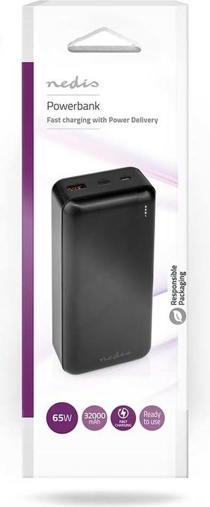 Actual product image Nedis powerbank | 32000 mAh | 2.4 / 3.0 / 3.25 A | Number of outputs: 2 | Output connection: 1x US (32000 mAh, 65 W, 111 Wh)