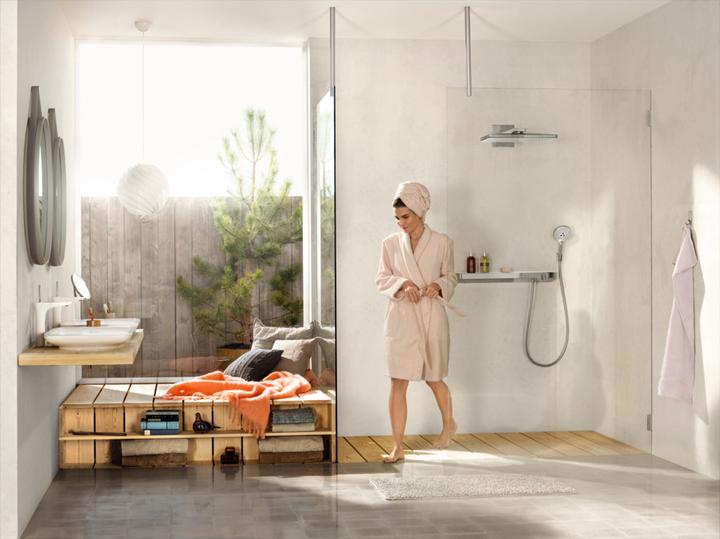 Produktbild hansgrohe Rainmaker Select 460 1jet Kopfbrause mit Brausearm weiss/chrom : Farbe - Schwarz/Chrom (1 Strahlarten, 19 l/min)