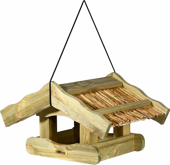 Dobar Saksun" bird feeder with thatched roof, hanging