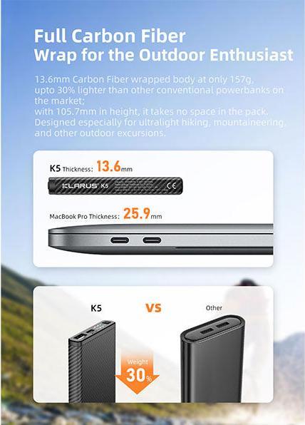 Immagine prodotto Klarus K5 - Powerbank impermeabile e ultraleggero (10000 mAh, 22.50 W, 385 Wh)