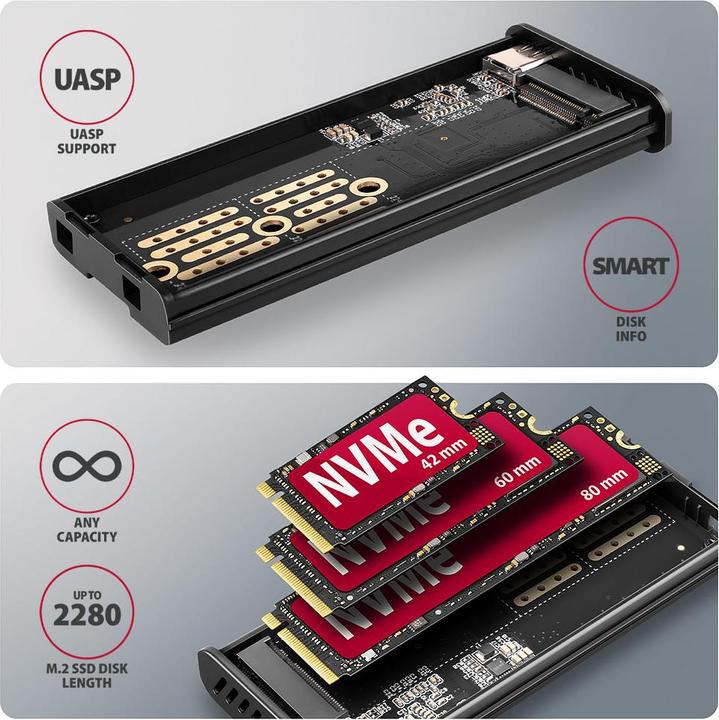 Actual product image Axagon Boitier externe USB-C 3.2 EEM2-SD2 - S-ATA/NVMe M.2 Type 2280 (Noir) (M.2 2280)