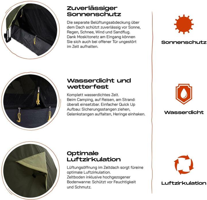 Produktbild Where Tomorrow 2 Personen Pop Up Zelt 160 cm x 70 cm, Grün (Wurfzelt, 3.65 kg, 2 Personen)