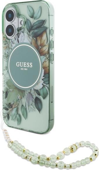 Actual product image Guess GUHMP16MHFWBRCESN iPhone 16 Plus 6.7" zielony/green hardcase IML Flowers With Pearl Strap MagS