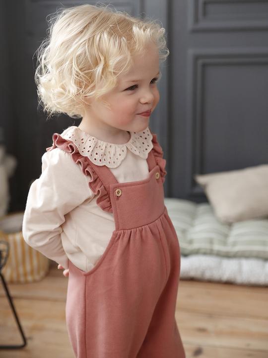 Actual product image Vertbaudet Girls' baby sweat dungarees with frills, organic cotton (62)