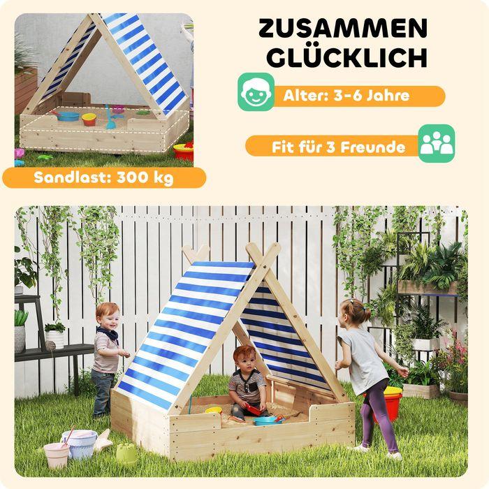 Immagine prodotto Swisshandel24 Sandkasten mit Zeltdach, 120 x 120 cm Sandkiste aus Holz mit Bodenplane Natur