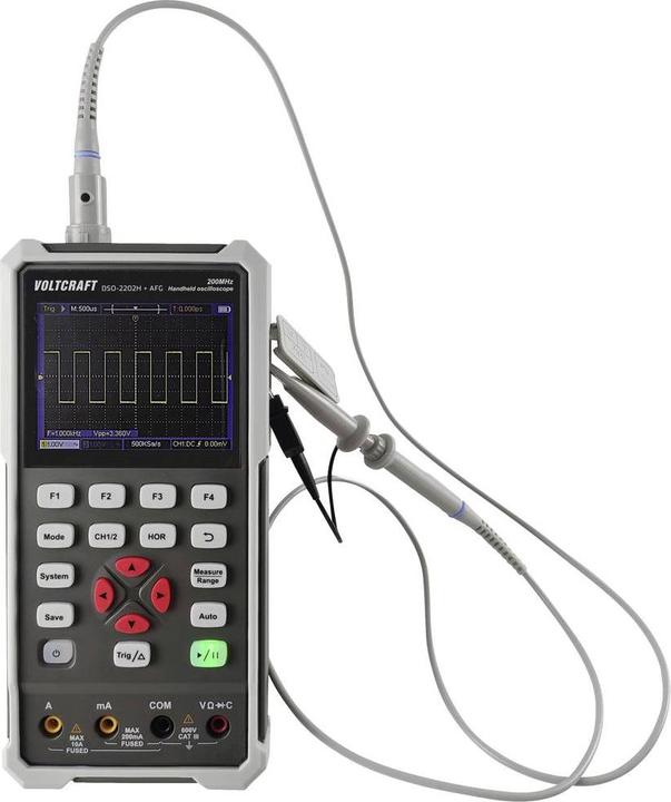 Produktbild Voltcraft DSO-2202H + AFG Hand-Oszilloskop 200MHz 2-Kanal 1 GSa/s 8 kpts 8 Bit Handgerät 1St. (CAT II 400V)