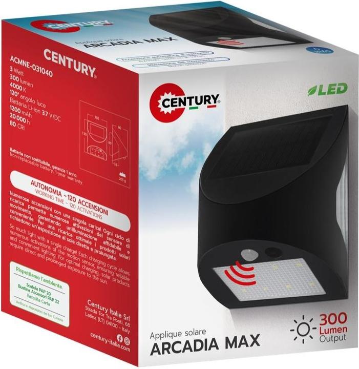 Actual product image Century Arcadia Max Solar LED wall light black (300 lm, IP65)