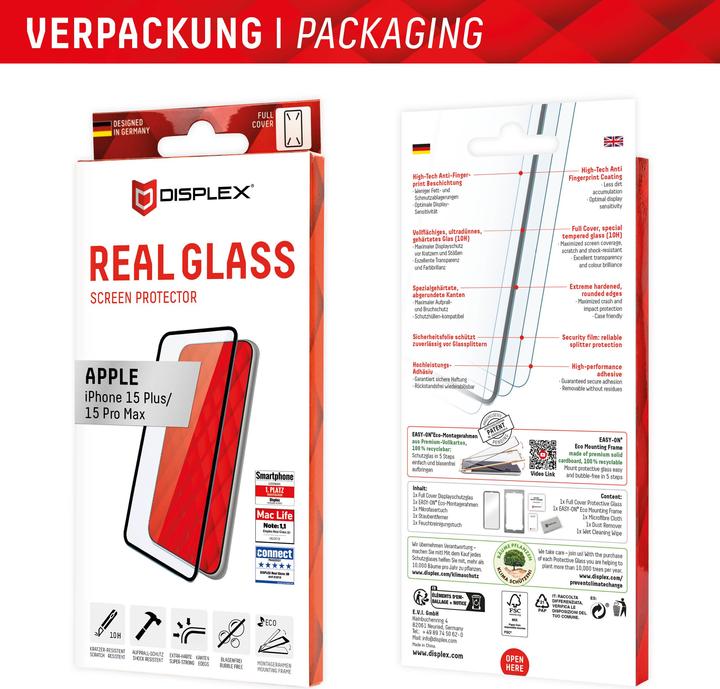 Productafbeelding Displex Real Glass, Full Cover Panzerglas (1 Stuk, Apple iPhone 15 Pro Max, Apple iPhone 15 Plus)