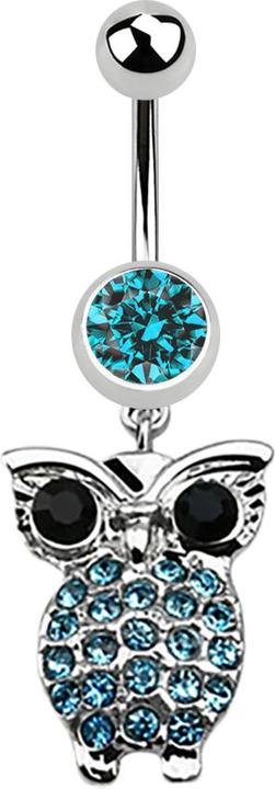 Actual product image Star Piercing Banana silver with pendant owl and big eyes aqua (Surgical steel 316L, without brass)
