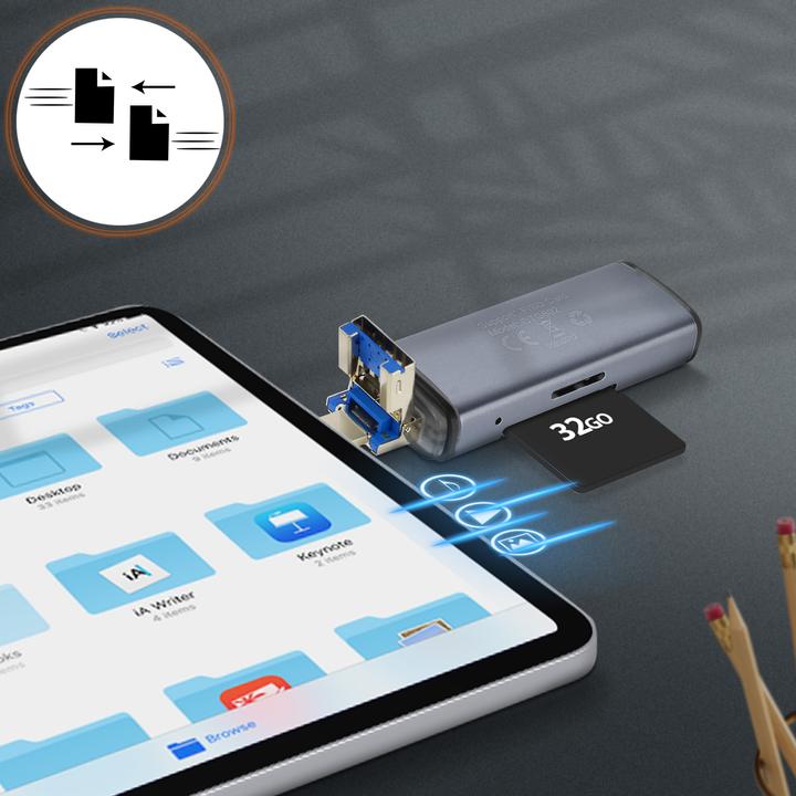 Actual product image LinQ 2-in-1 Lightning / USB plug SD / Micro-SD card reader, - Grey (Lightning, USB)