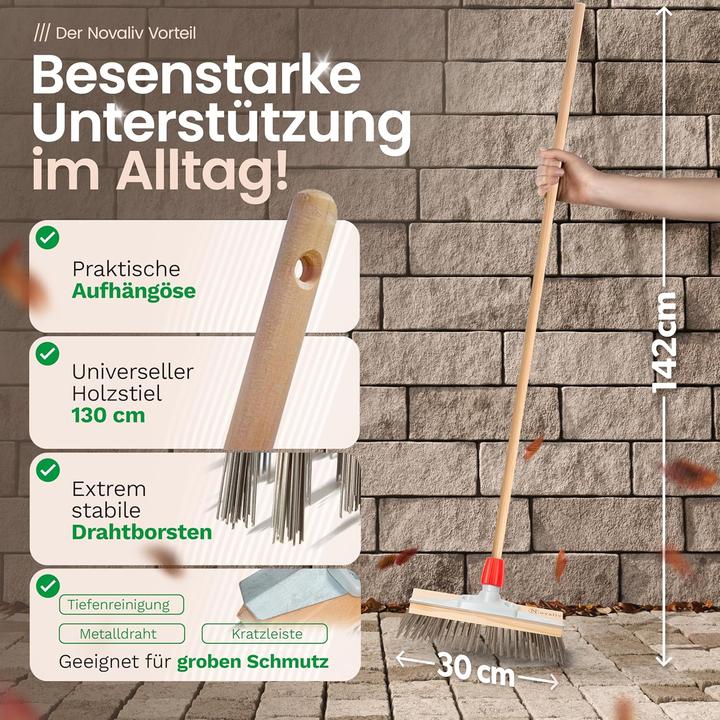 Immagine prodotto Novaliv Robuster Drahtbesen mit Stiel - Stahlbesen mit Holzstiel, Effiziente Moosentfernung, Drahtbü (1 pz.)