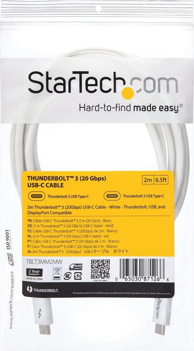 Produktbild StarTech Kabel USB USB-C - USB-C 2 m Weiss (TBLT3MM2MW) (2 m, USB 3.1, 100 W)