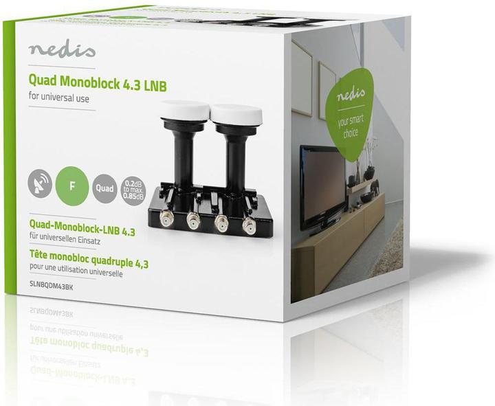 Image du produit Nedis LNB Quad Monoblock 4.3 ° Connecteur de sortie : Connecteur F 4X Gamme de facteur de bruit : 0,85 dB (Quad LNB)