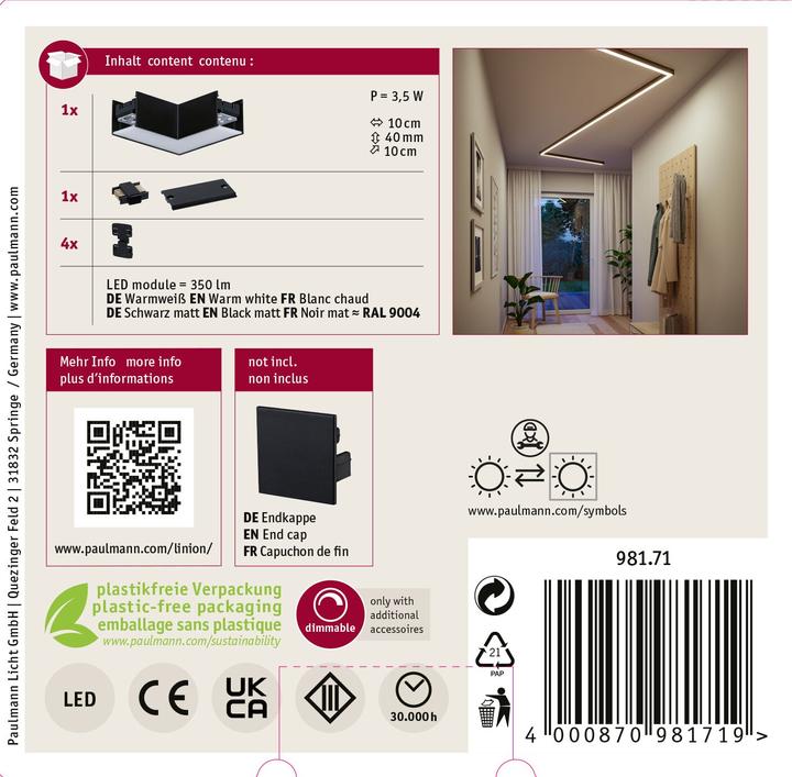 Productafbeelding Paulmann Lichtkanalsystem Linion Lichtkanal Ecke (350 lm)