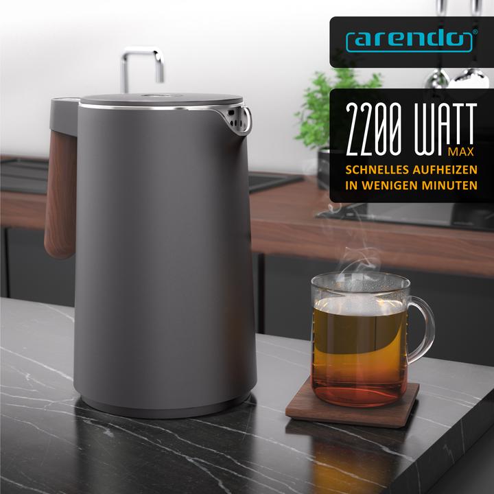 Produktbild Arendo Wasserkocher 1,5 L Edelstahl, Temperatureinstellung, Warmhaltefunktion, Griff in Holzoptik, 2200 W (1.50 l)