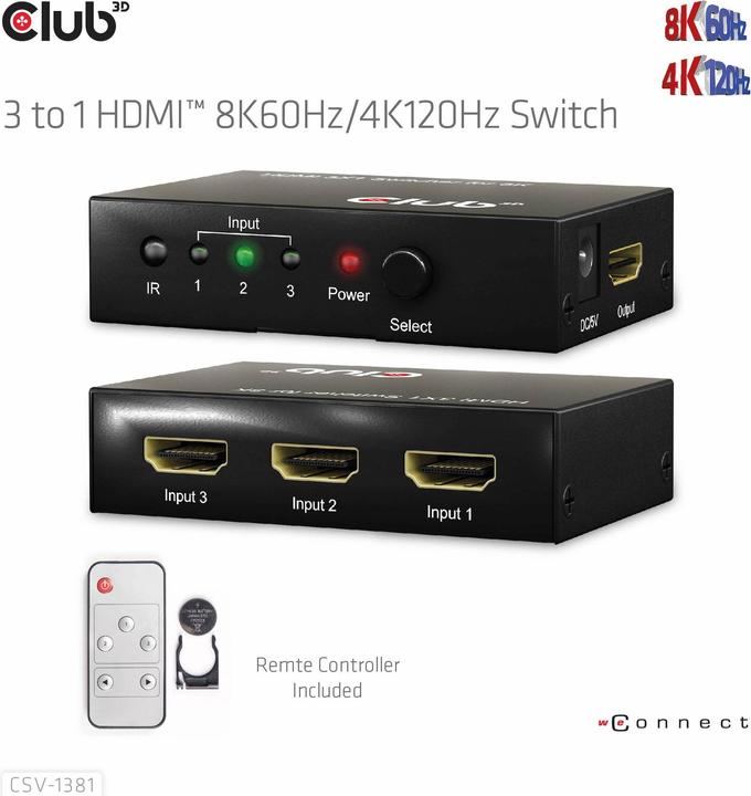 Produktbild Club 3D Club3D HDMI Switchbox 3 Eingänge -> 1 Ausgang 8K60Hz UHD retail