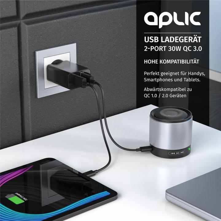 Immagine prodotto Aplic Caricatore USB 3000 mA, 2 porte, 30W, funzione di ricarica rapida Quick Charge 3.0 (QC 3.0), nero (30 W)