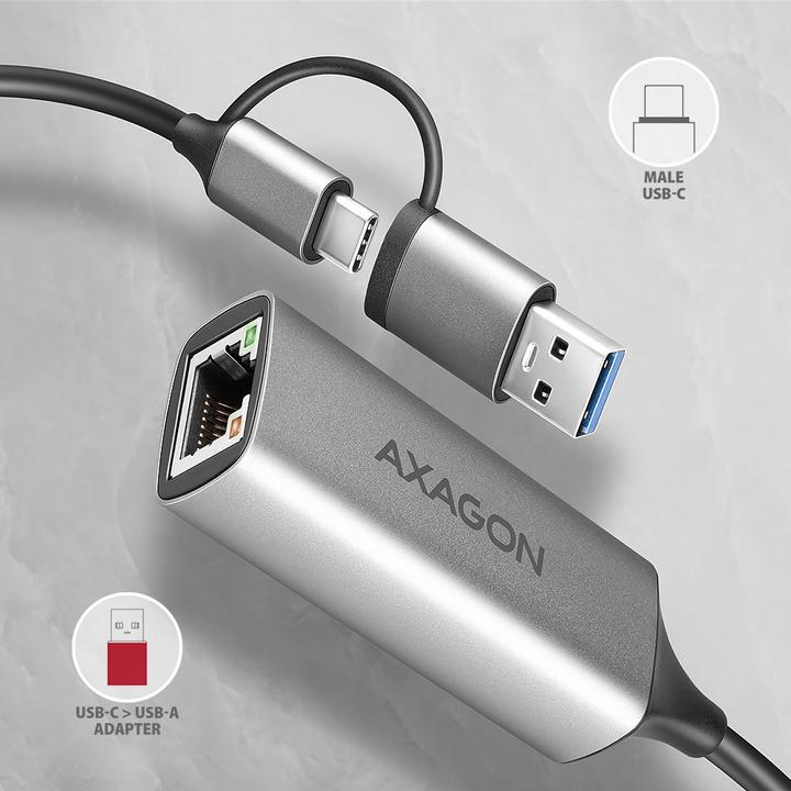 Productafbeelding Axagon ADE-TXCA, USB-C + USB-A 3.2 Gen 1 - Gigabit Ethernet s????ov?? karta, Asix AX88179, automatisch (USB-C, USB, RJ45/LAN (1x))