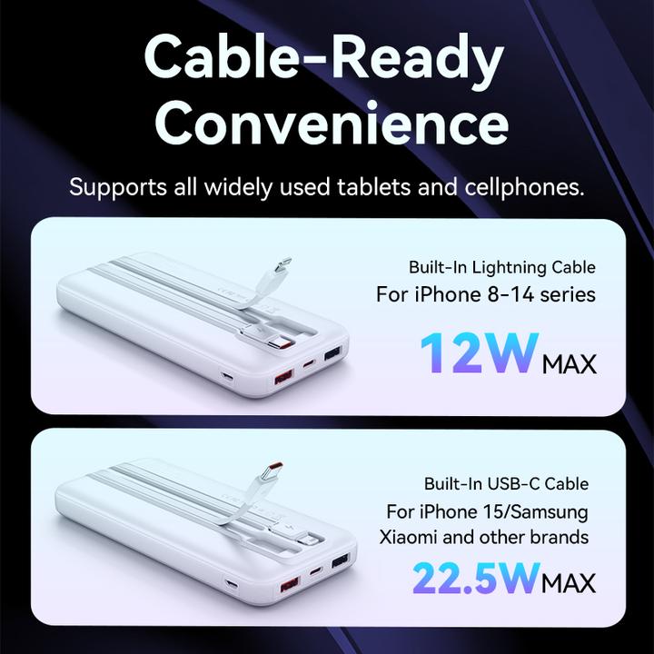 Actual product image Vention 10000mAh Power Bank (Micro-USB + USB-C + USB-A + USB-A) with Built-in USB-C and Lightning Cables 22. (10000 mAh, 37 Wh)