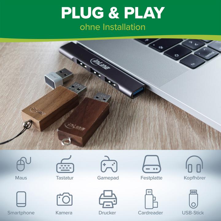 Produktbild InLine Slim USB-C Hub, 4-Port, USB 3.0 + 3x USB 2.0, schmale Bauform (USB-C, 4 Ports)