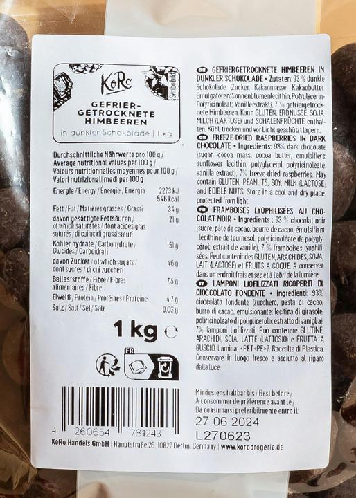 Actual product image KoRo Freeze-dried raspberries in dark chocolate (1000 g)