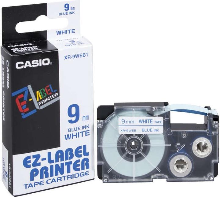 Immagine prodotto Casio Nastro adesivo per stampante di etichette, larghezza 9 mm, lunghezza 8 m, blu su bianco (XR-9WEB) (0.90 cm, Blu)