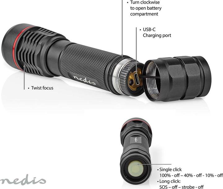 Produktbild Nedis LED-Taschenlampe, Vollmetallgehäuse, IPX7, 200 Meter Leuchtweite (3.40 cm, 1000 lm)